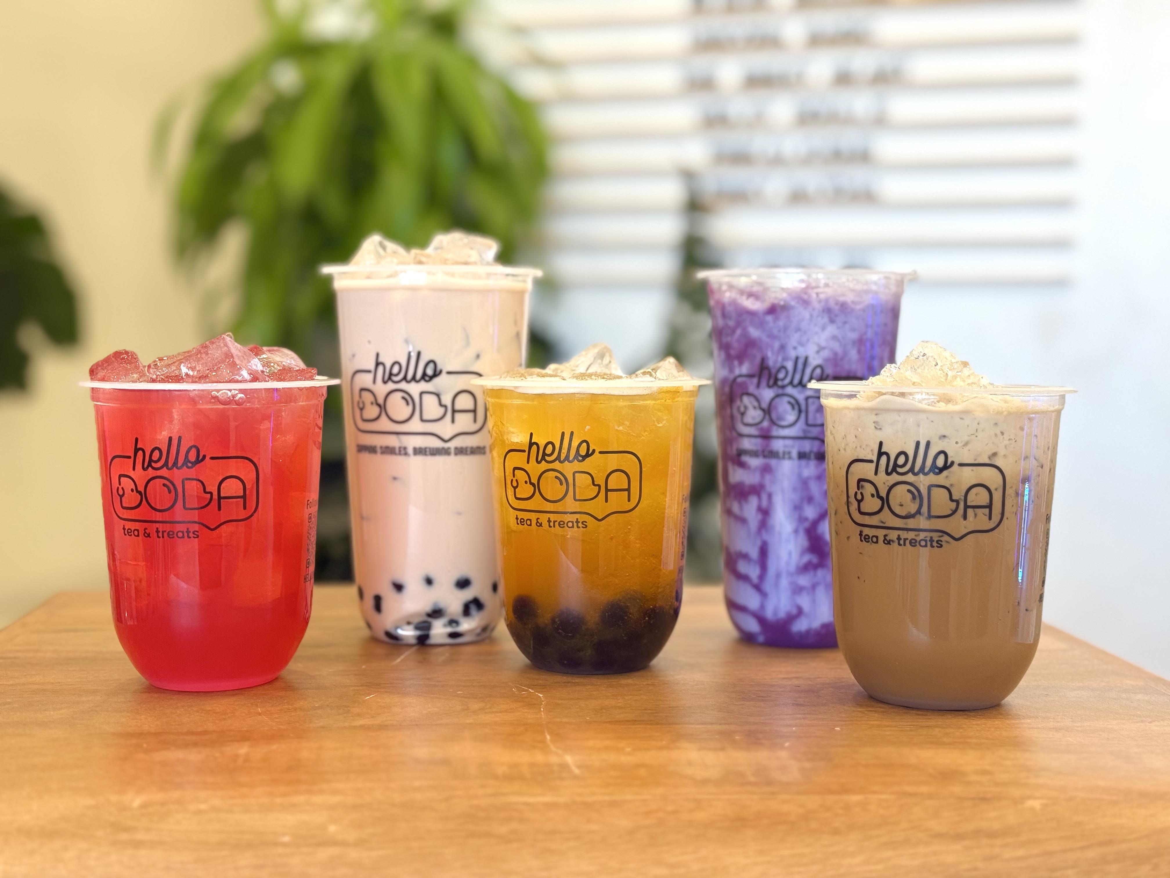 Rainbow of Hello Boba drinks